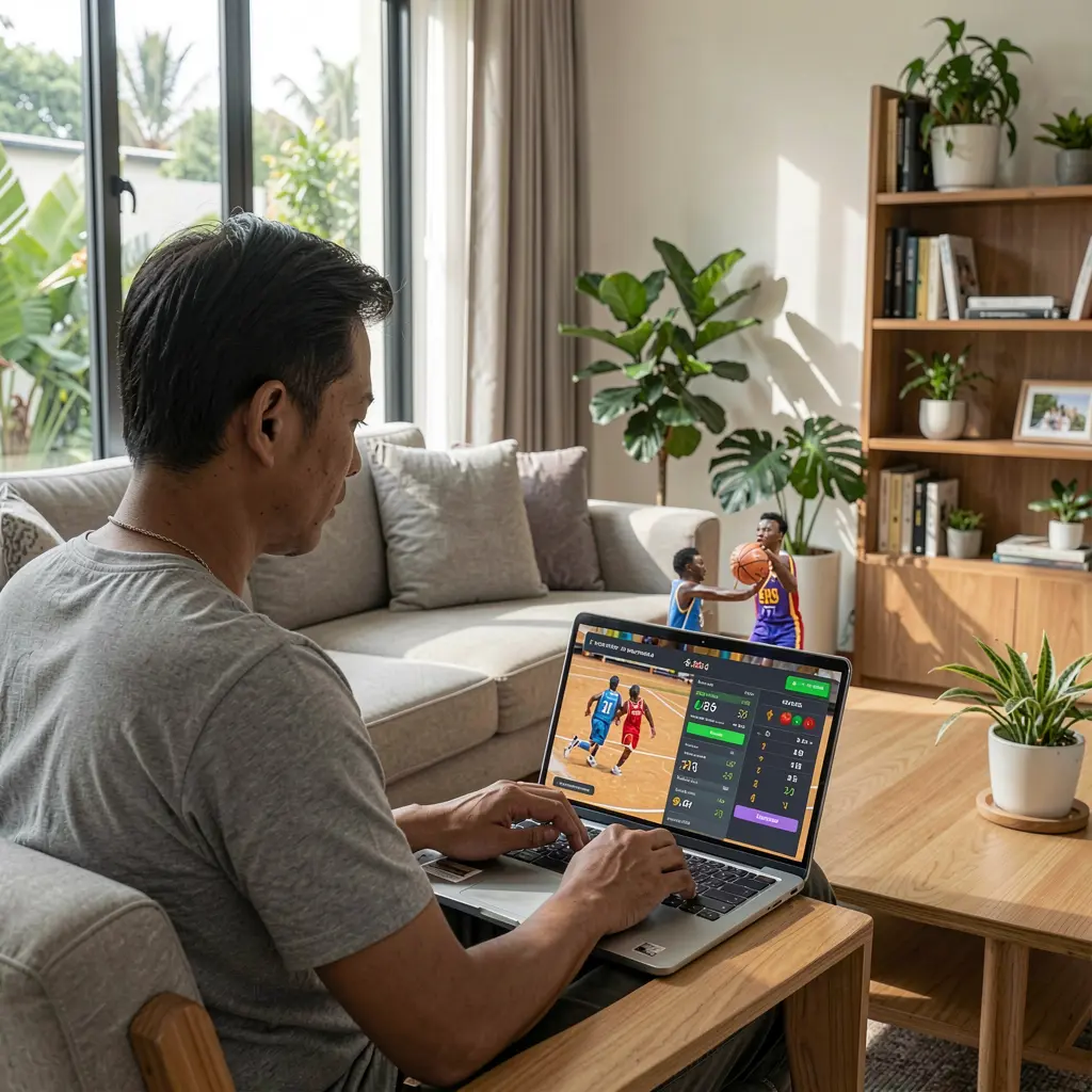ZZZPH Bets – Enjoy live sports betting action anytime in Indonesia Indonesian sports enthusiast placing live soccer bets on a laptop through ZZZPH while watching a match on TV in a cozy evening setting